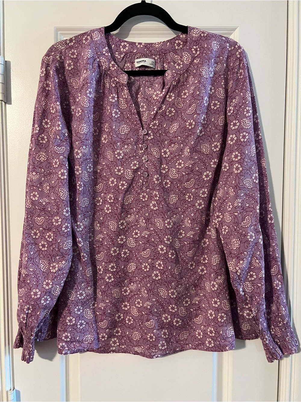 Purple Long Sleeve Floral Blouse with Smocked Cuffs